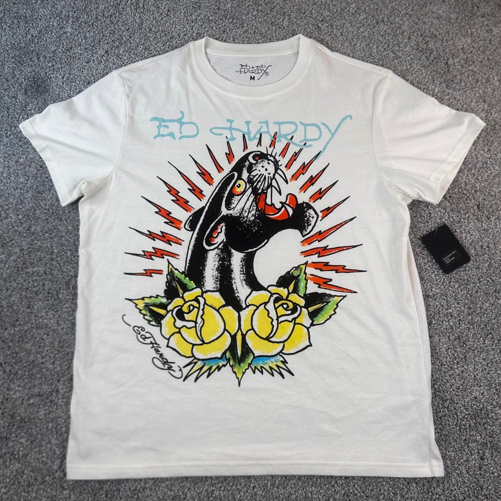 Ed Hardy Panther Rose Graphic T-Shirt Mens Medium Ivory Tattoo Art Designer NEW